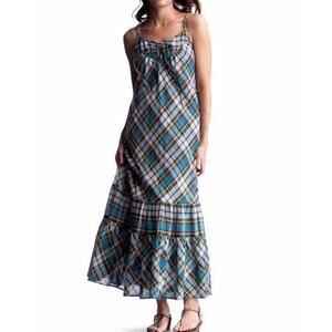 GAP Blue Yellow Madras Plaid Maxi Drop Waist Dress Preppy Sundress - Sz Small